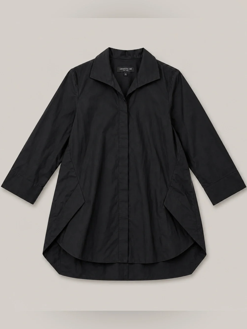 Lafayette 148 New York Black Tunic Blouse Hidden Placket Architectural Top SZ L - Picture 2 of 6
